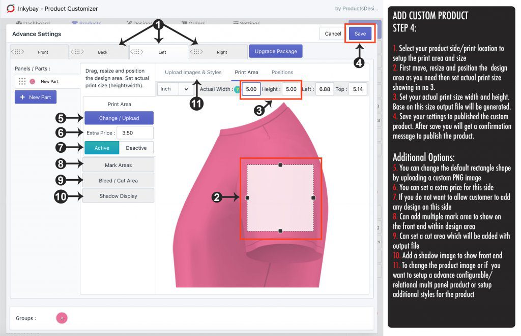 Add custom product - Setup print area