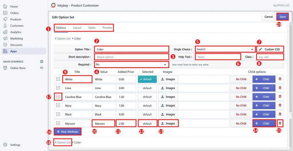 Adding attributes to the option set