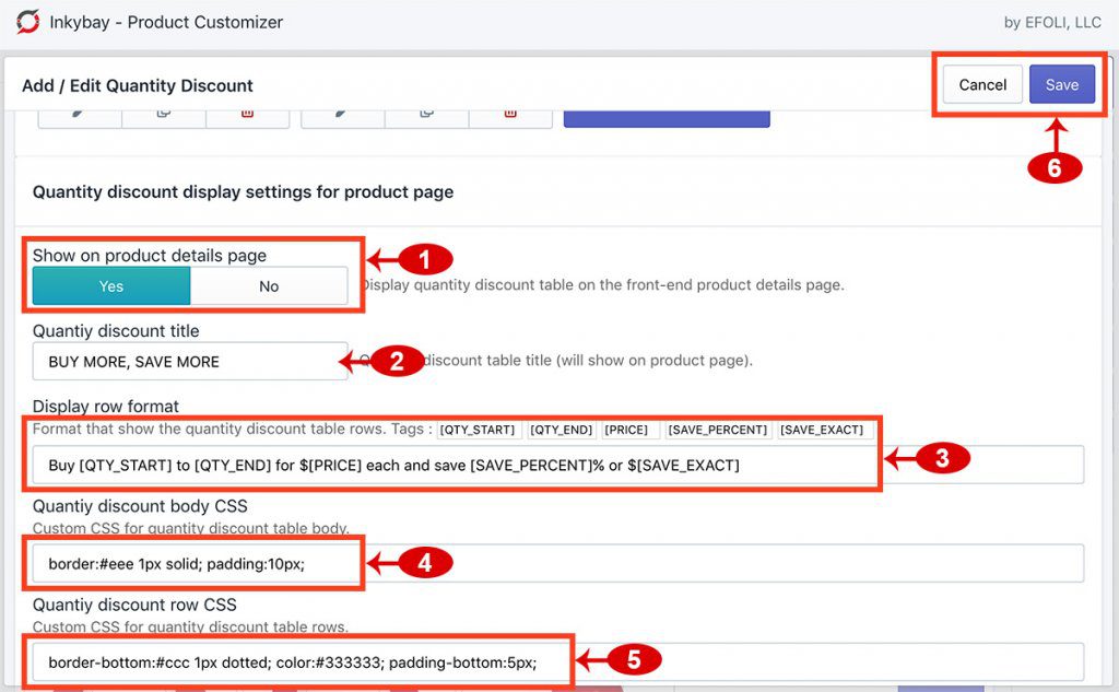 Quantity discount display settings