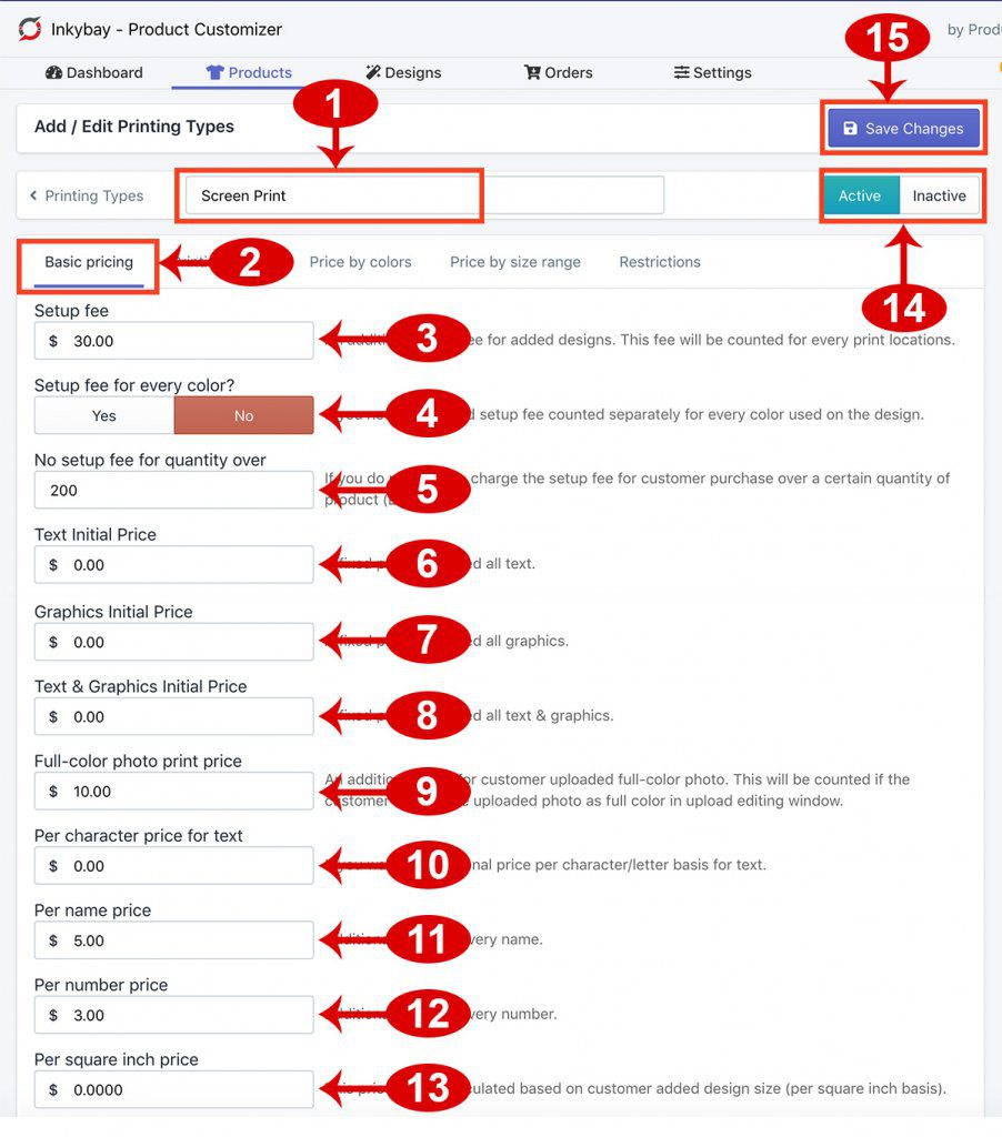 Printing type basic customization pricing