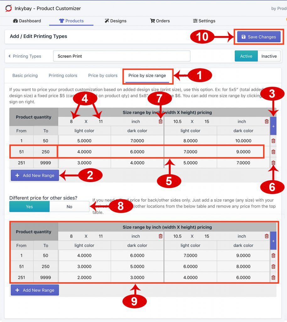 Product customization price by size range